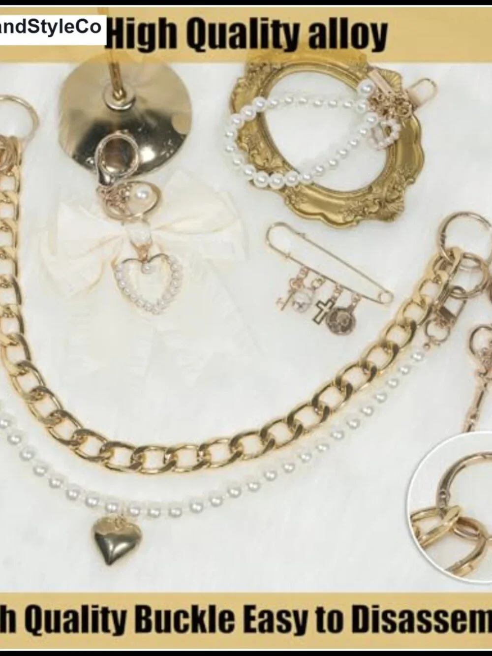 Pearl Chain Bag Charms Set with Bow Keychain, Gold Purse Accessories